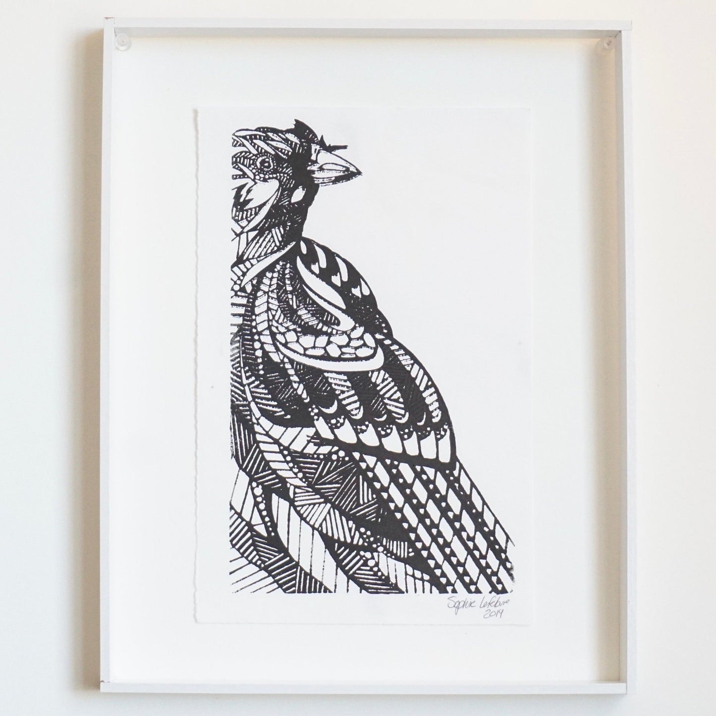 Geometric Bird, black and white linoleum original print.